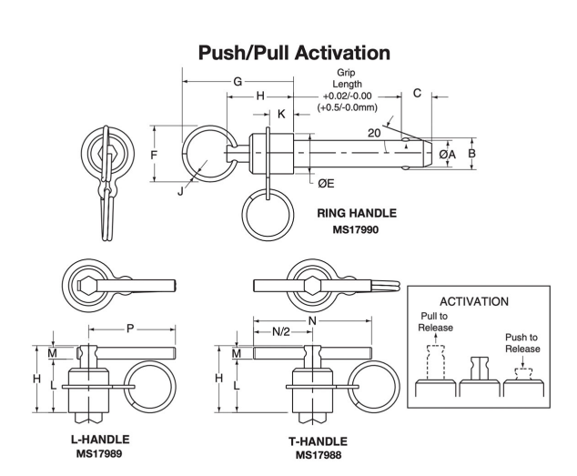 Double Acting L Ring Handles MS17988,MS17989,MS17990 NAS1353-NAS1366